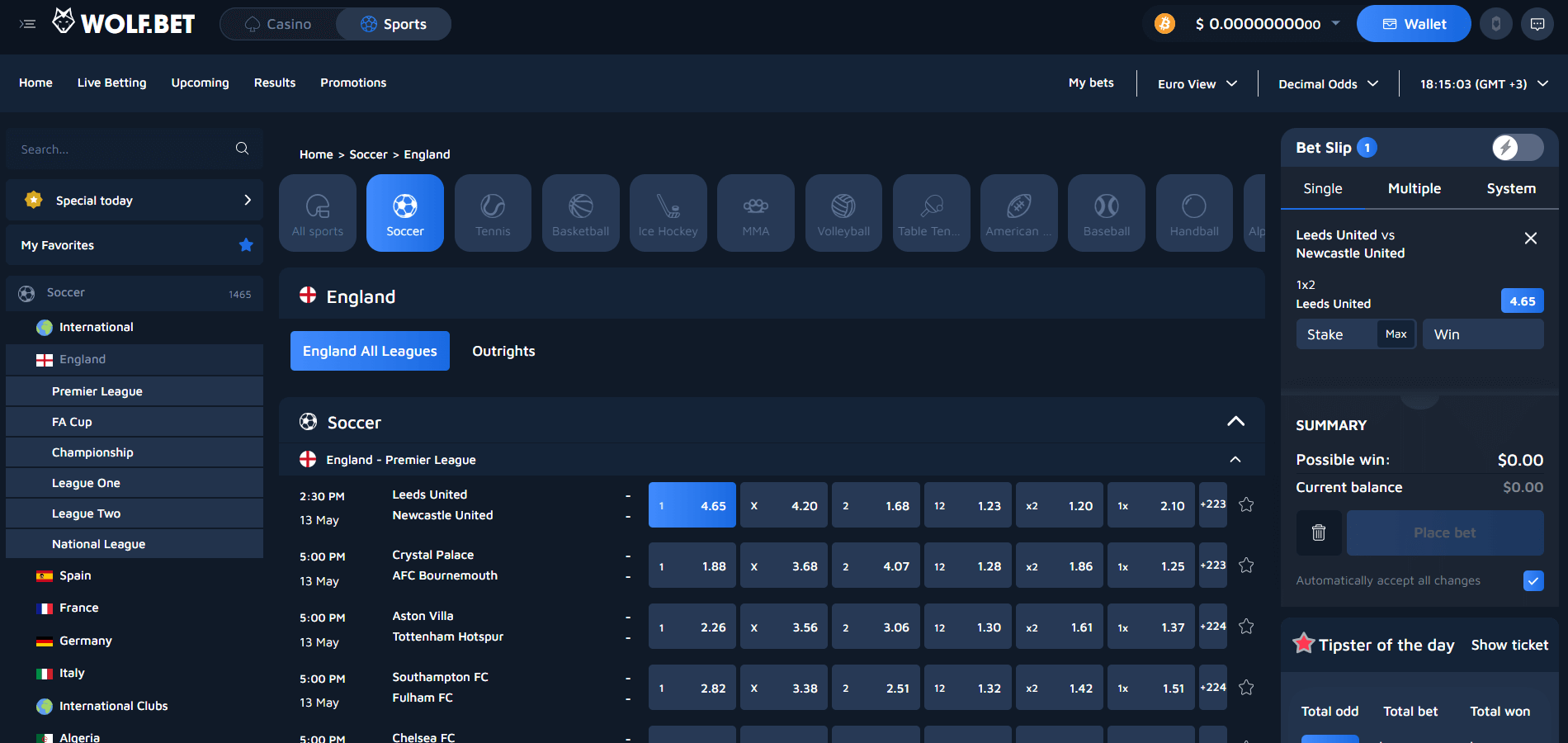 Wolfbet Sports Betting page